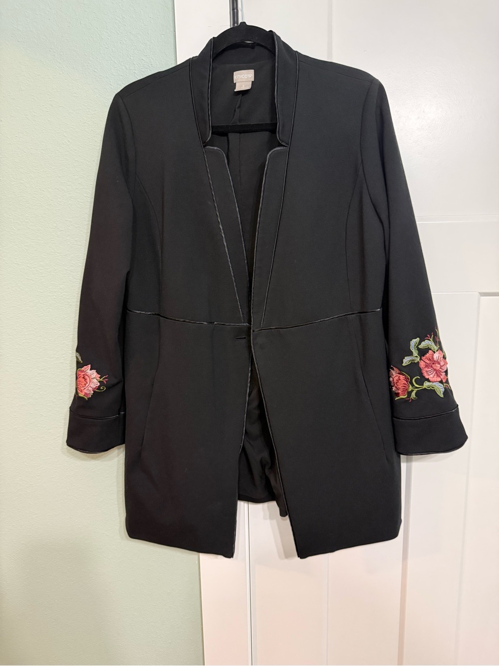 Chico's Black Open-Front Blazer with Pink Rose Sleeve Embroidery
